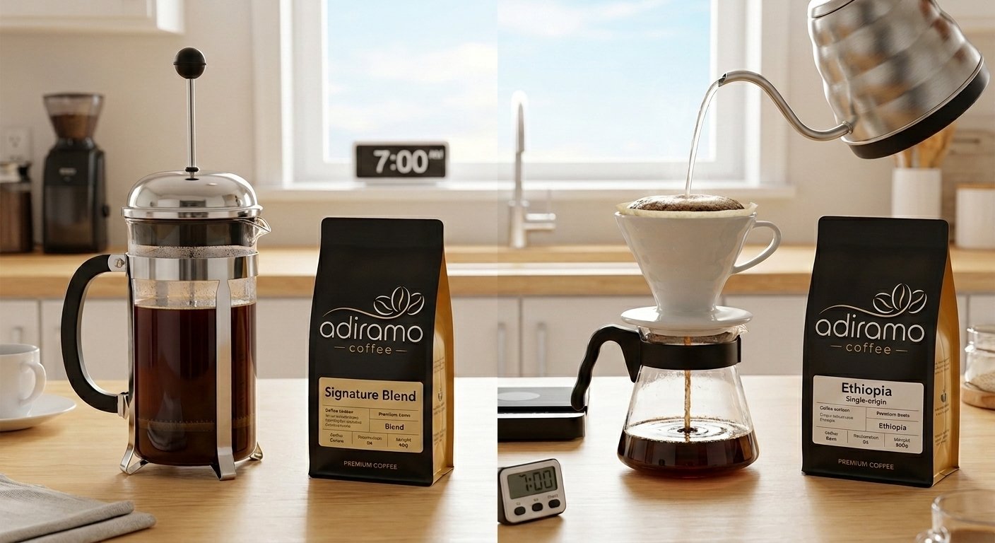 Side-by-side comparison of a glass French Press carafe and a pour-over dripper next to a bag of fresh Adiramo Coffee beans.