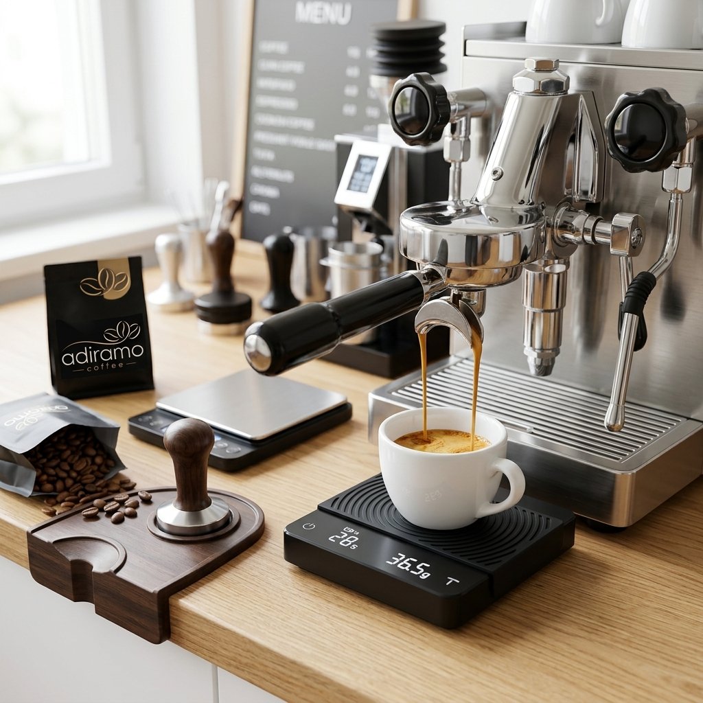 Freshly extracted double espresso shot next to a sleek bag of Adiramo Coffee beans on a stainless steel espresso machine tray.