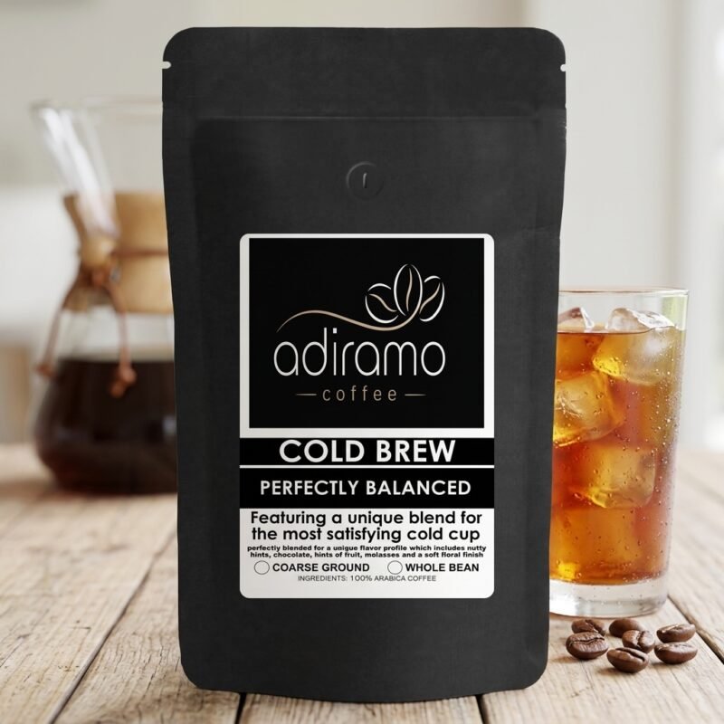 Adiramo Cold Brew Coffee bag mockup next to a glass of iced coffee and roasted coffee beans