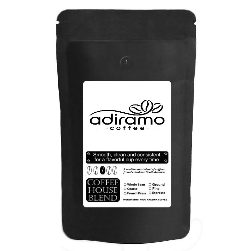 A 1lb matte black pouch of Adiramo Coffee House Blend medium roast coffee with label details