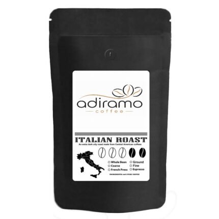 A 1lb matte black pouch of Adiramo Italian Roast Extra Dark Coffee with Central American map icon