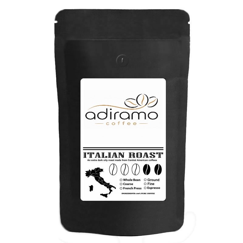 A 1lb matte black pouch of Adiramo Italian Roast Extra Dark Coffee with Central American map icon