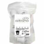 Clear bag of 20 count Adiramo single serve coffee pods compatible with Keurig K-Cup brewers