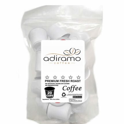 Clear bag of 20 count Adiramo single serve coffee pods compatible with Keurig K-Cup brewers
