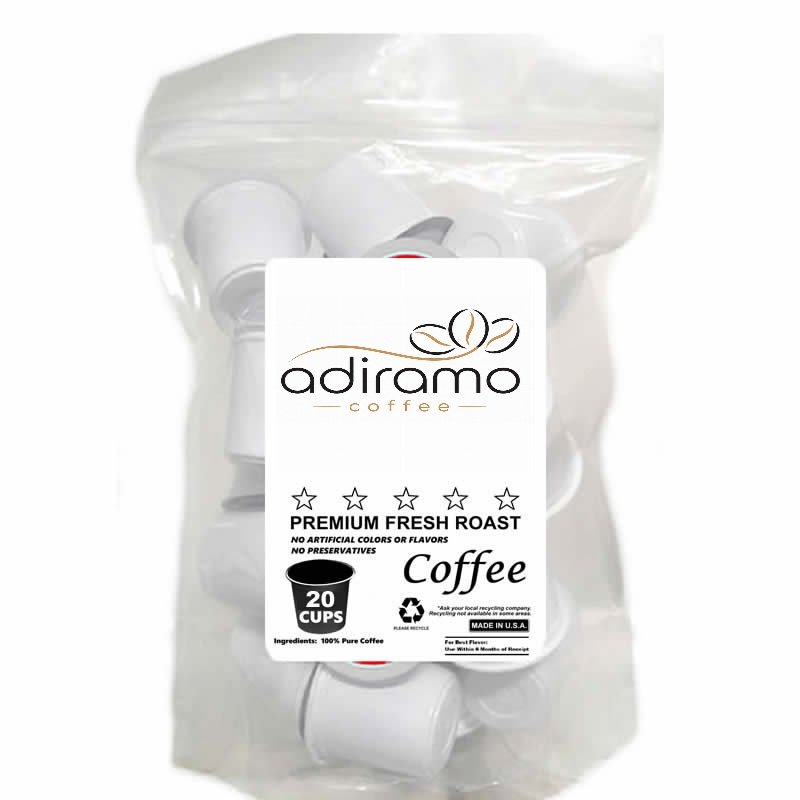 Clear bag of 20 count Adiramo single serve coffee pods compatible with Keurig K-Cup brewers
