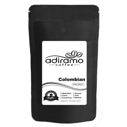 Black valve pouch of Adiramo Colombian Medium Roast Coffee Blend showing grind options