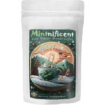 A 10oz white pouch of Mintnificent Cool Winter Breeze All Natural Mint Coffee with winter mountain label art