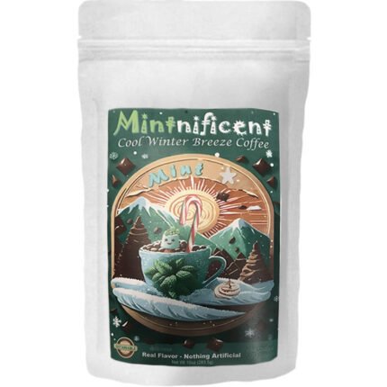 A 10oz white pouch of Mintnificent Cool Winter Breeze All Natural Mint Coffee with winter mountain label art