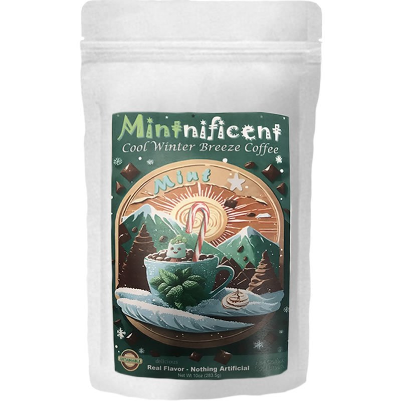 A 10oz white pouch of Mintnificent Cool Winter Breeze All Natural Mint Coffee with winter mountain label art