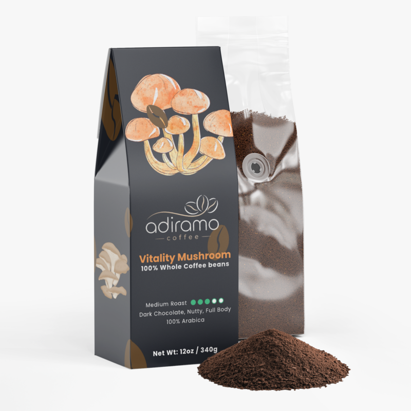 Adiramo Vitality Mushroom Coffee 12oz black box package featuring mushroom illustration and coffee bean icons