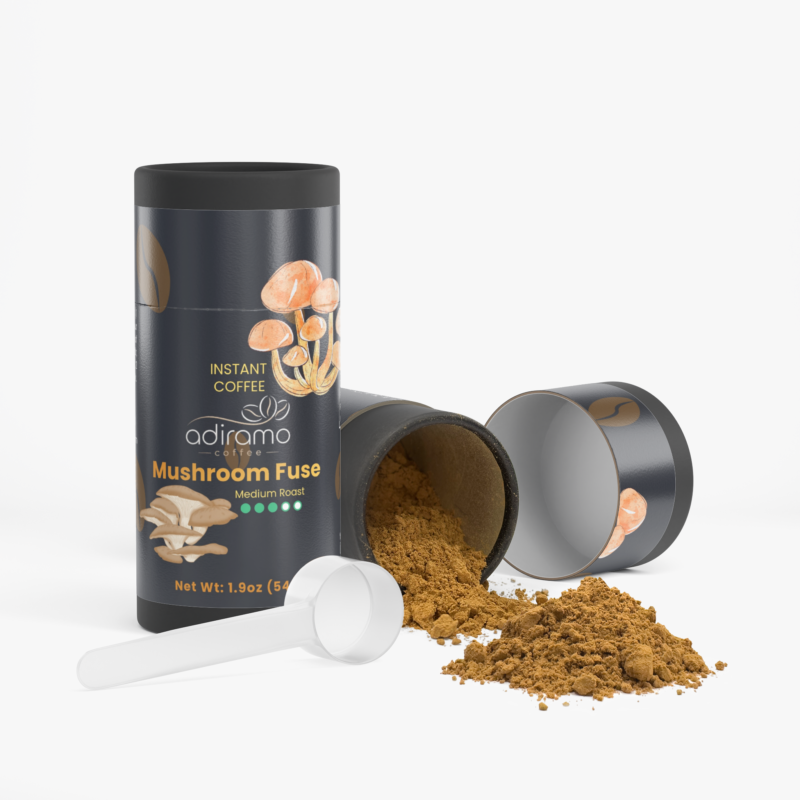 Sleek cylindrical container of Adiramo Mushroom Fuse Instant Coffee with mushroom artwork
