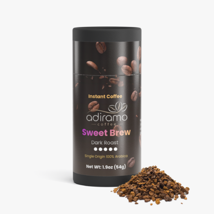 Adiramo Sweet Brew Dark Roast Single Origin 100% Arabica Instant Coffee canister with scoop and coffee granules