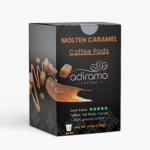 Adiramo Molten Caramel Dark Roast Coffee Pods 12 count retail packaging box beside single-serve coffee pods