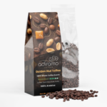 Adiramo Golden Nut Toffee 12oz coffee package showing roasted coffee beans and clear valve bag