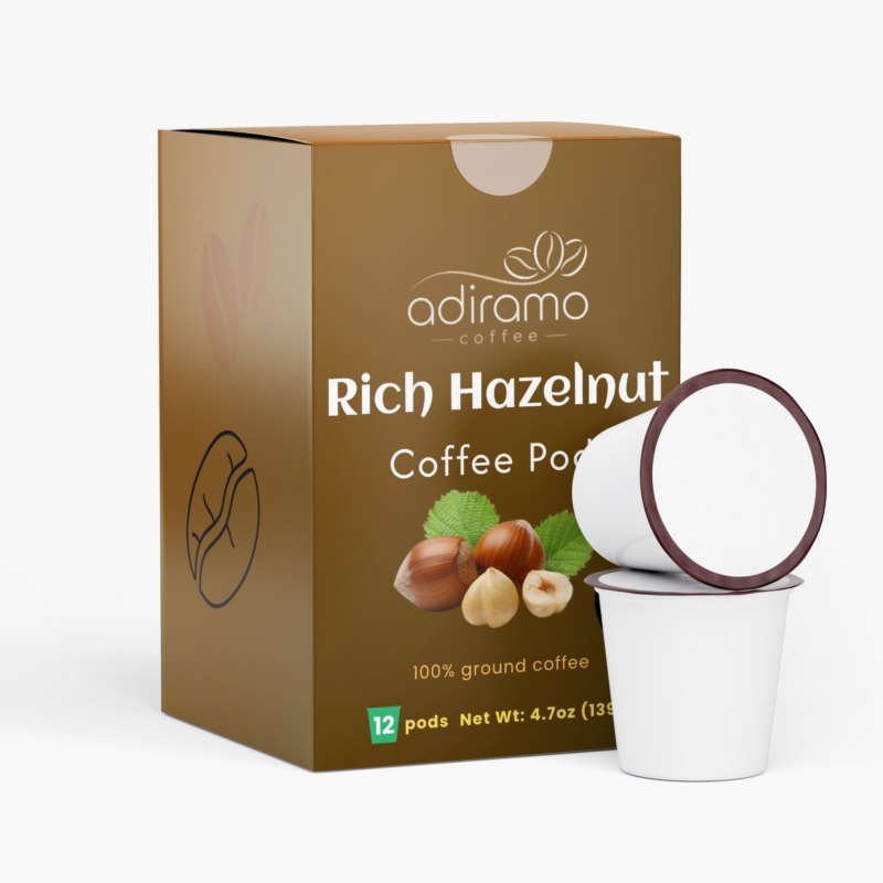 Back panel of Adiramo Rich Hazelnut Coffee Pods box with machine compatibility details and flavor notes