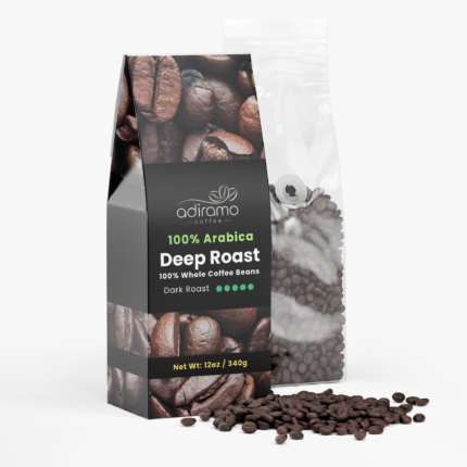 Adiramo Deep Roast 12oz dark roast coffee package showing roasted coffee beans beside a clear valve bag filled with whole beans