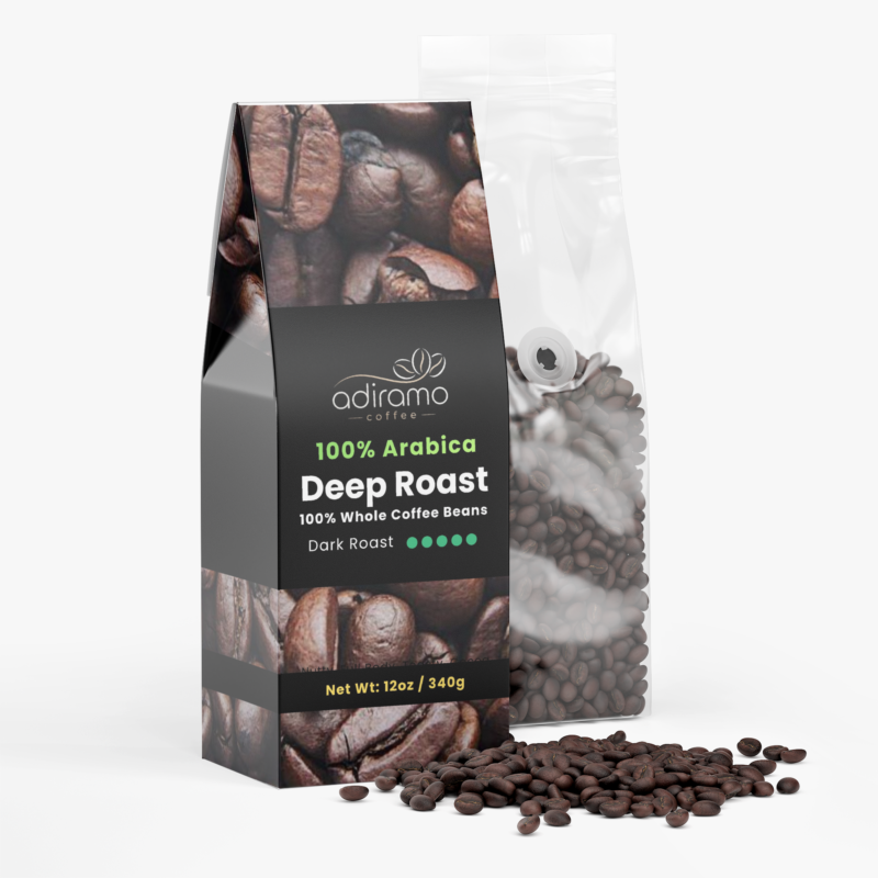 Adiramo Deep Roast 12oz dark roast coffee package showing roasted coffee beans beside a clear valve bag filled with whole beans