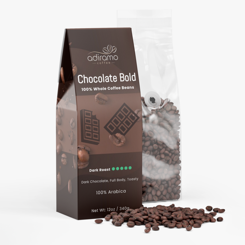 Adiramo Chocolate Bold 12oz dark roast coffee package with chocolate bar graphics standing next to a clear valve bag of whole coffee beans