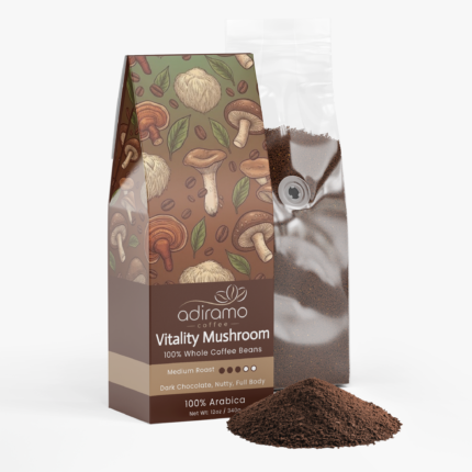 Adiramo Vitality Mushroom 12oz medium roast coffee package decorated with illustrated botanicals and mushrooms