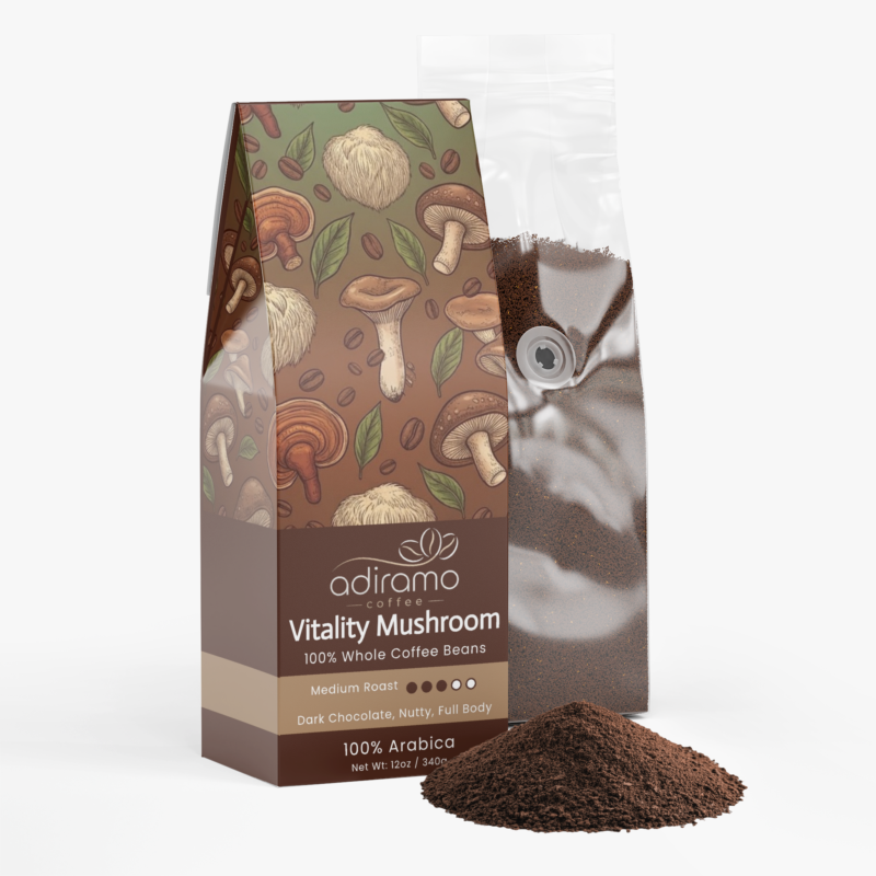 Adiramo Vitality Mushroom 12oz medium roast coffee package decorated with illustrated botanicals and mushrooms