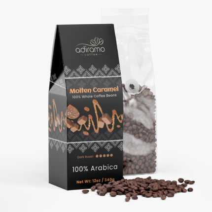 Adiramo Molten Caramel 12oz dark roast coffee package with caramel squares and drizzle graphics standing next to a clear valve bag of whole coffee beans